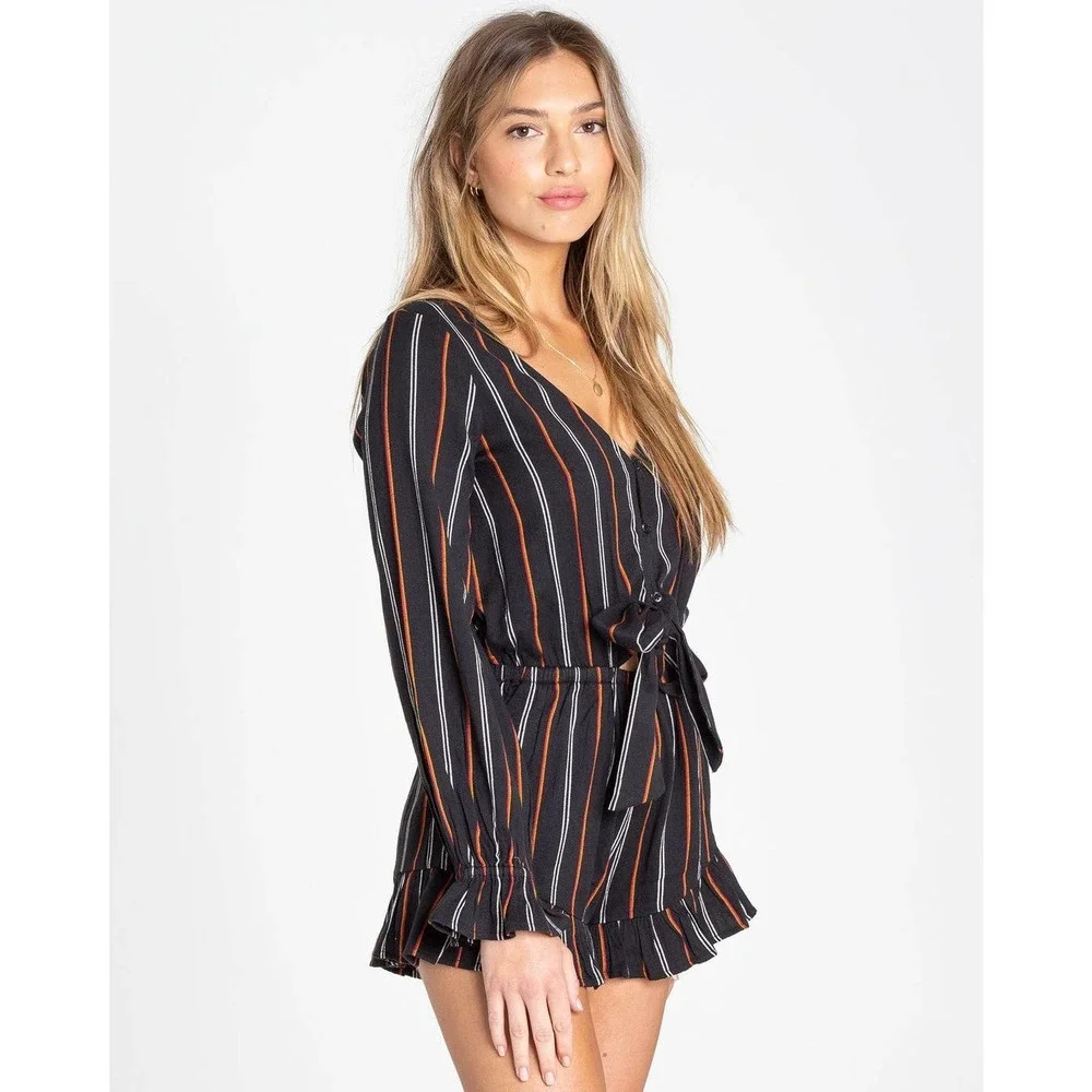 Billabong Romper Large Black Striped Play All Day V-Neck Long Sleeve - Picture 15 of 15